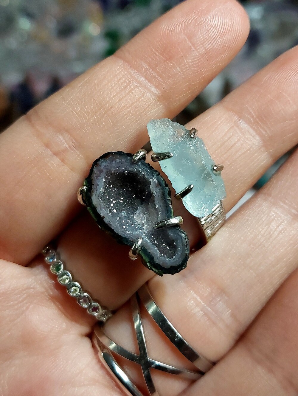 🪨⚒️ Duel Mini Tabasco Geode & Raw Aquamarine Specimen Copper Ring